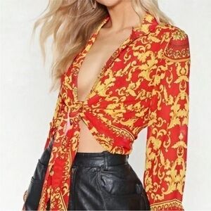 New Nasty Gal Red & Gold Front Tie Long Sleeve Top Size 4